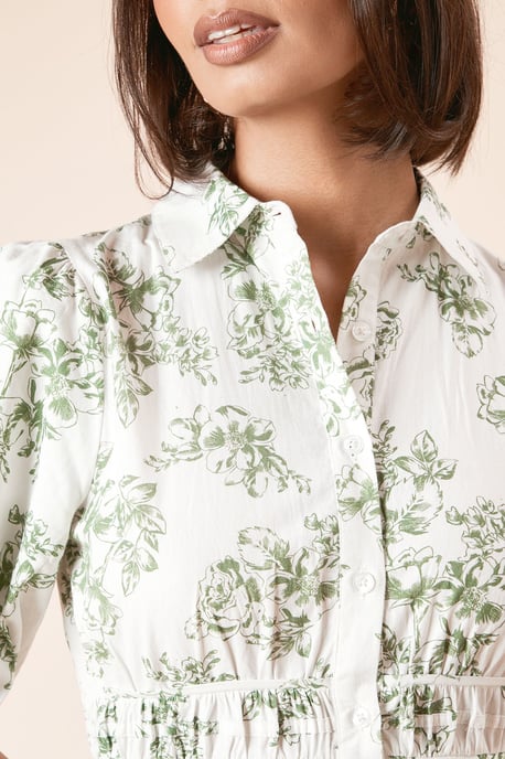 Green Floral Poplin Tiered Button Front Shirt Dress - Image 5