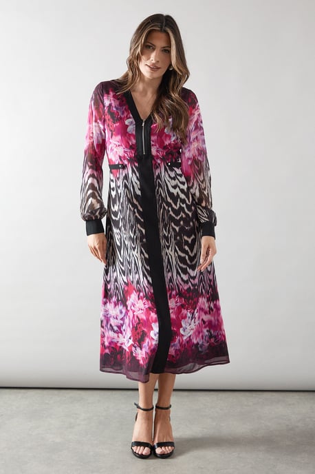 Zip Front Animal Floral Border Midi Dress - Image 1