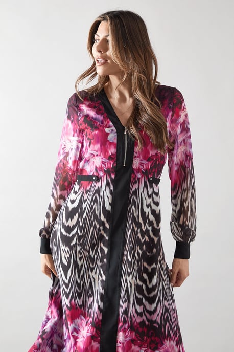 Zip Front Animal Floral Border Midi Dress - Image 2