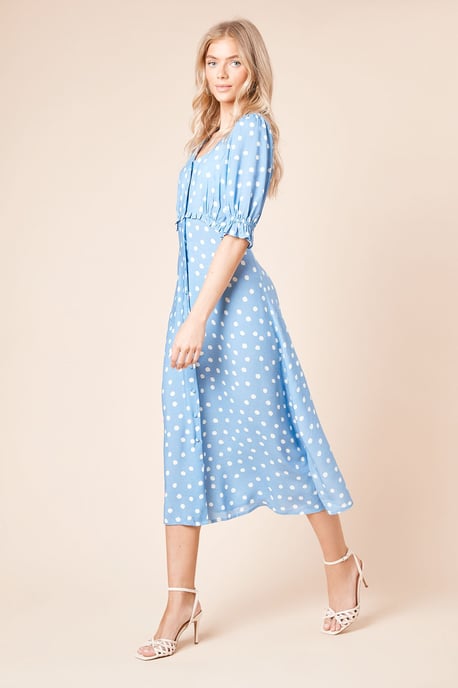 Blue Spot Button Front Puff Sleeve Midi Dress - Image 1