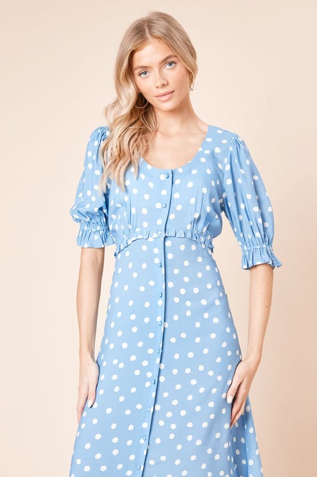 Blue Spot Button Front Puff Sleeve Midi Dress - Image 2