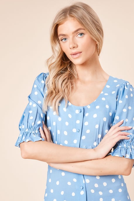 Blue Spot Button Front Puff Sleeve Midi Dress - Image 3