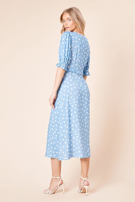Blue Spot Button Front Puff Sleeve Midi Dress - Image 4