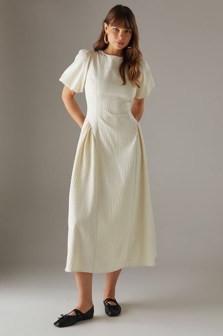 Seersucker Organza Godet Side Puff Sleeve Midi Dress - Image 1