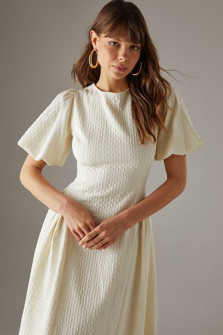 Seersucker Organza Godet Side Puff Sleeve Midi Dress - Image 2