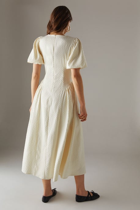 Seersucker Organza Godet Side Puff Sleeve Midi Dress - Image 3