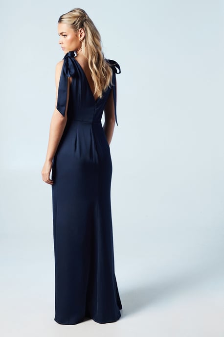 Petite Satin Back Crepe Tie Shoulder Bridesmaids Dress - Image 3