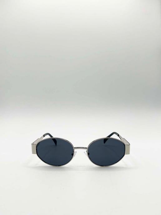 Rounded Oval Metal Frame Sunglasses in Silver Grey - Image 2