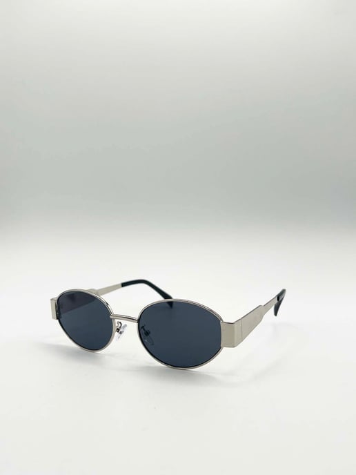 Rounded Oval Metal Frame Sunglasses in Silver Grey - Image 3