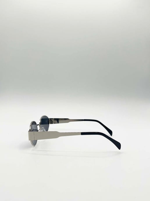 Rounded Oval Metal Frame Sunglasses in Silver Grey - Image 4