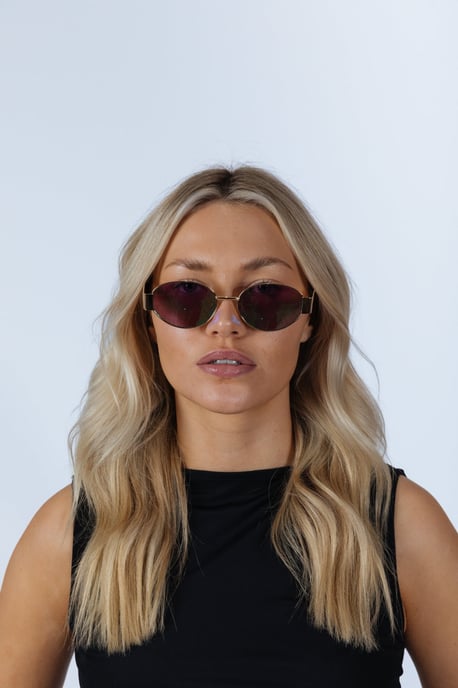 Rounded Oval Metal Frame Sunglasses in Gold Green - Image 2