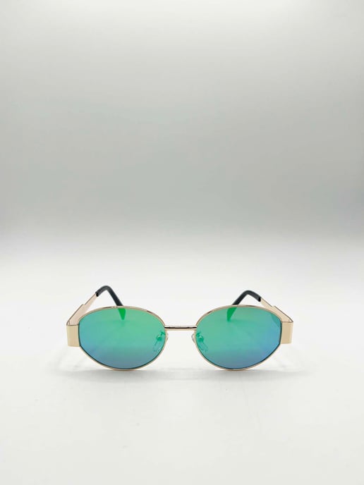 Rounded Oval Metal Frame Sunglasses in Gold Green - Image 3