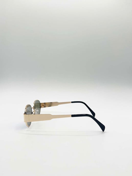 Rounded Oval Metal Frame Sunglasses in Gold Green - Image 6