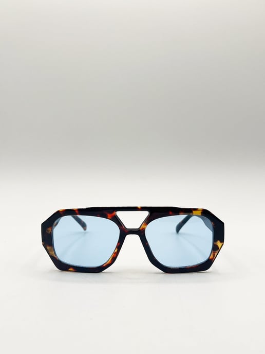 Tortoiseshell Navigator Sunglasses with Blue Lenses - Image 2
