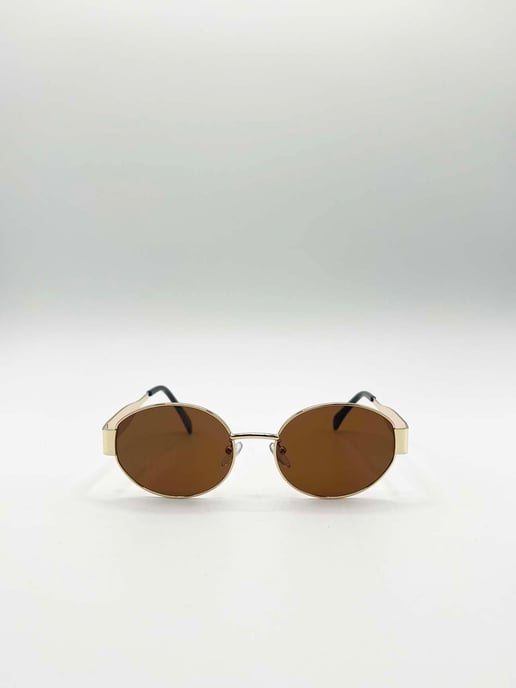 Rounded Oval Metal Frame Sunglasses in Gold Brown - Image 2