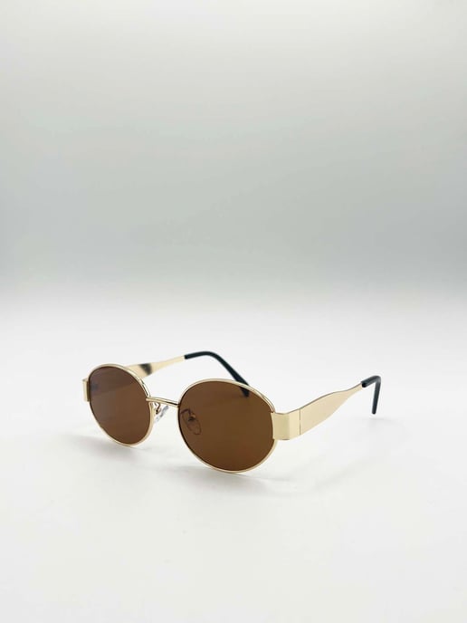 Rounded Oval Metal Frame Sunglasses in Gold Brown - Image 3