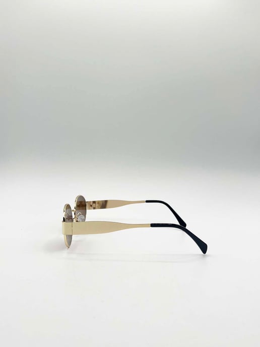 Rounded Oval Metal Frame Sunglasses in Gold Brown - Image 4