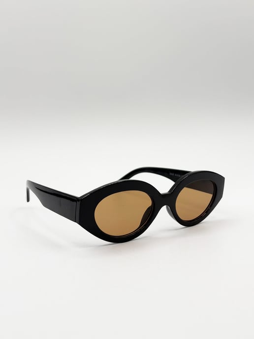 Retro Small Oval Sunglasses Black Brown - Image 3