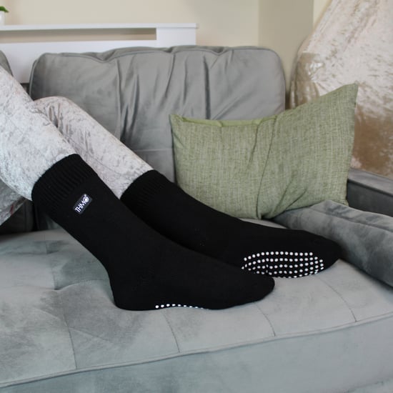Kids Indoor Slipper Socks with Grippers | THMO | Thick & Warm Comfort Loose Top Non Slip Thermal Socks - Black - Image 4