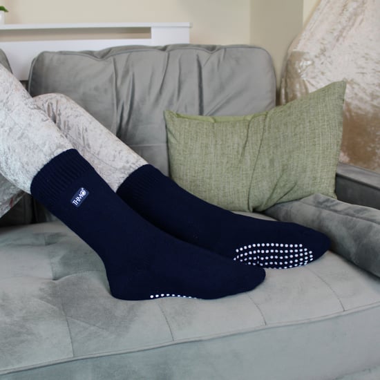 Kids Indoor Slipper Socks with Grippers | THMO | Thick & Warm Comfort Loose Top Non Slip Thermal Socks - Navy - Image 5