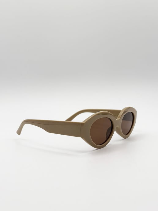 Retro Small Oval Sunglasses Beige - Image 3