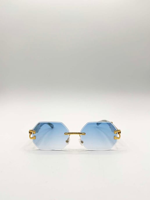 Rimless Oval Geometric Sunglasses in Gold Blue - Image 1