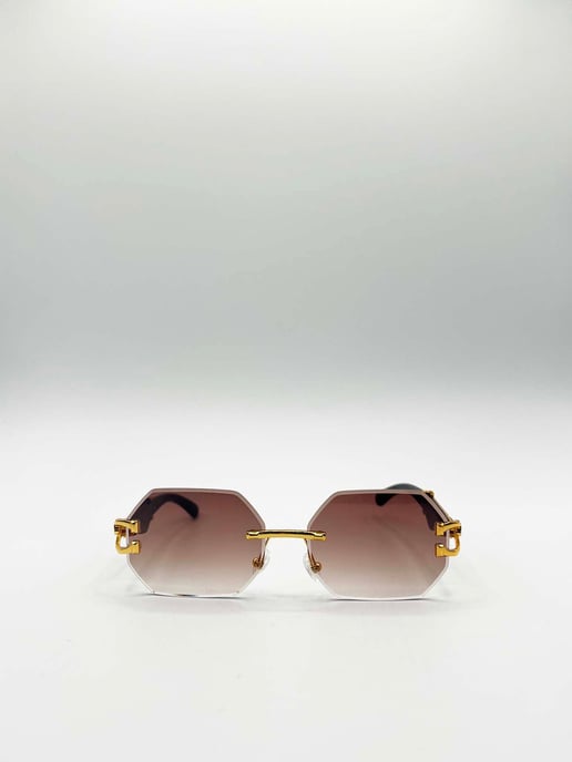 Rimless Oval Geometric Sunglasses in Gold Brown - Image 2
