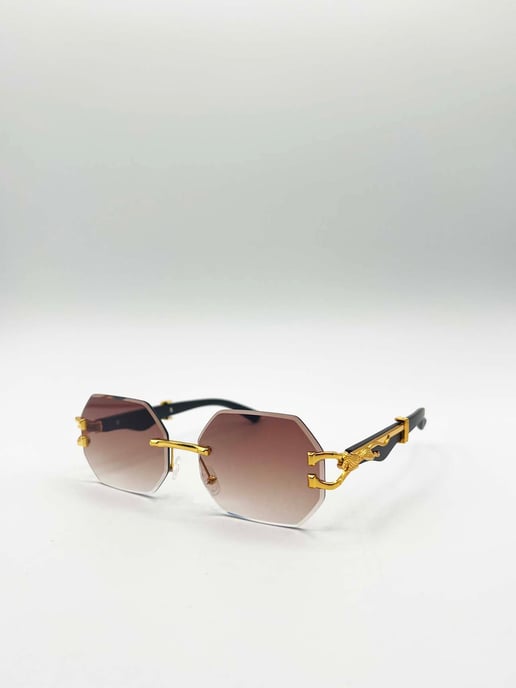 Rimless Oval Geometric Sunglasses in Gold Brown - Image 3