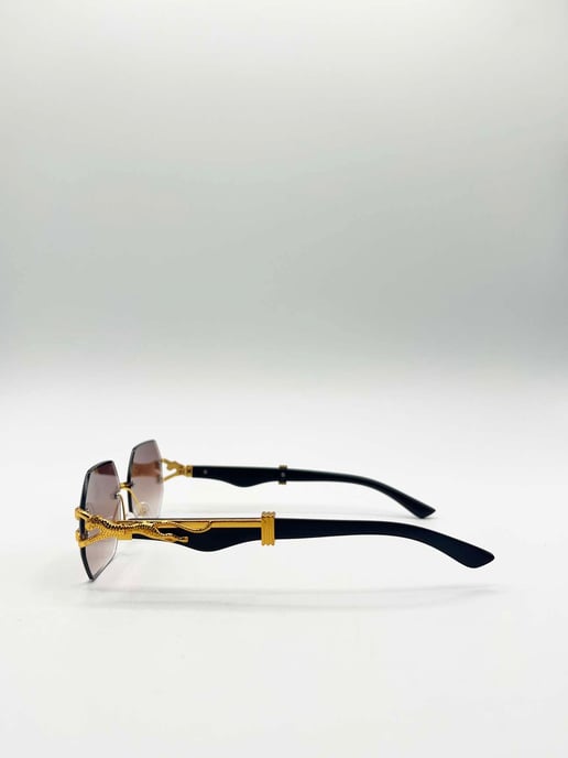 Rimless Oval Geometric Sunglasses in Gold Brown - Image 4