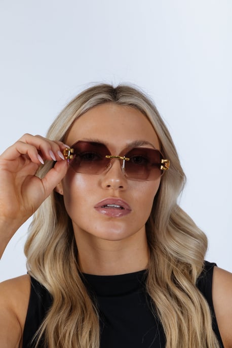 Rimless Oval Geometric Sunglasses in Gold Brown - Image 6