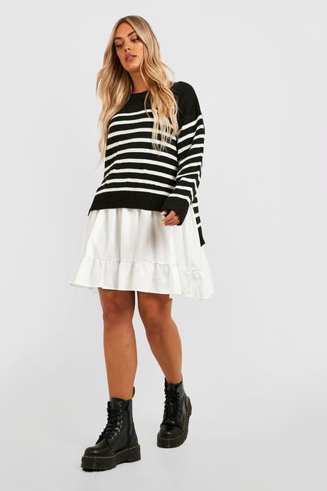 Plus Knitted Stripe Jumper 2 In 1 Shirt Dress - Image 3