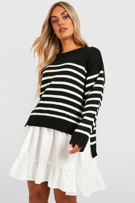 Plus Knitted Stripe Jumper 2 In 1 Shirt Dress - Image 4