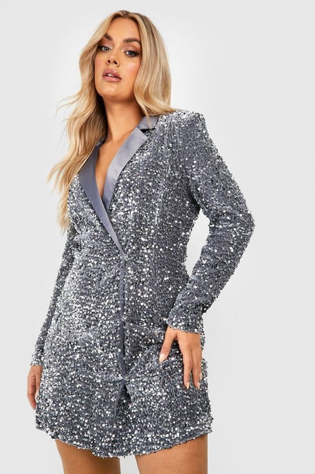 Plus Velvet Sequin Wrap Blazer Dress - Image 1