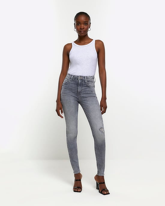 River Island Womens Super Skinny Jeans Grey Ripped High Waisted - Image 2