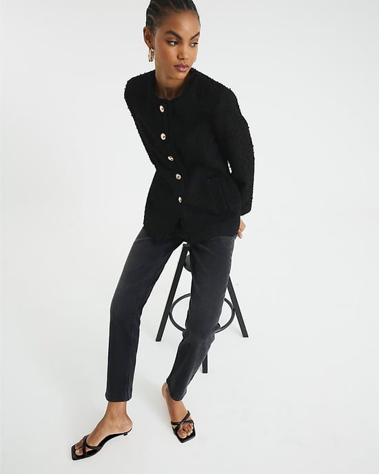River Island Womens Boucle Jacket Black Collarless - Image 3