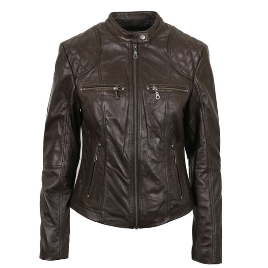 Pelle D’annata Ladies Real Leather Biker Jacket in Dark Brown - Image 1