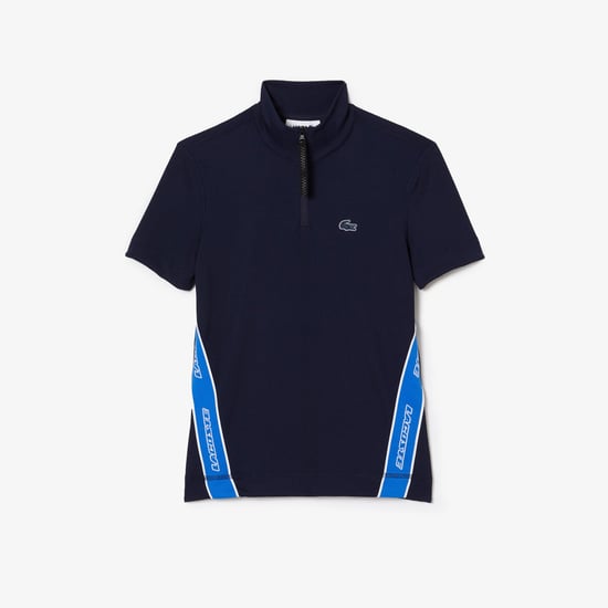 Women's Lacoste Contrast Bands Zip Neck Polo Shirt in Blue - Image 3
