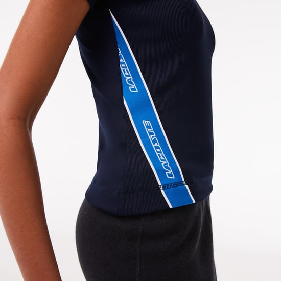 Women's Lacoste Contrast Bands Zip Neck Polo Shirt in Blue - Image 4