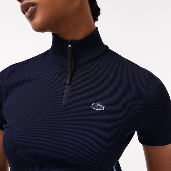 Women's Lacoste Contrast Bands Zip Neck Polo Shirt in Blue - Image 5