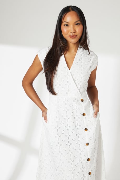 Ivory Wrap Front Button Detail Midi Broderie Dress - Image 2