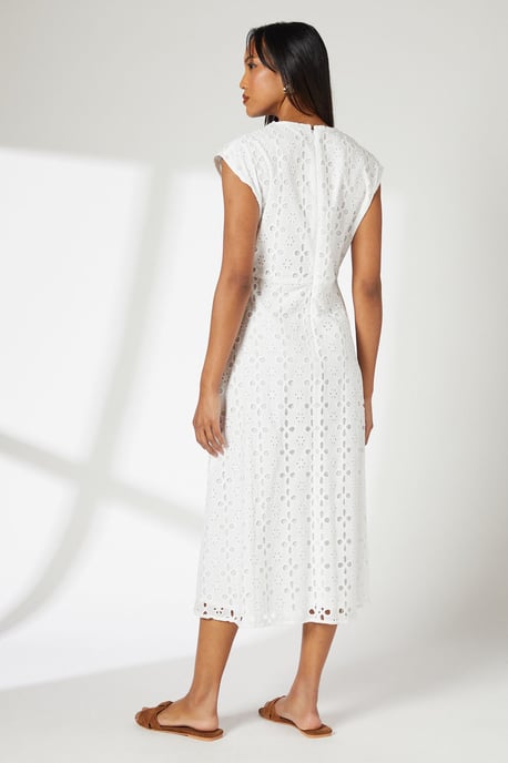 Ivory Wrap Front Button Detail Midi Broderie Dress - Image 3