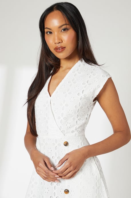 Ivory Wrap Front Button Detail Midi Broderie Dress - Image 4