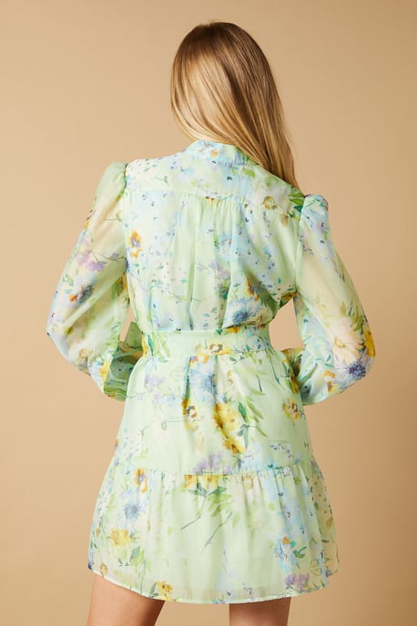 Sage Floral Organza Mini Shirt Dress - Image 3