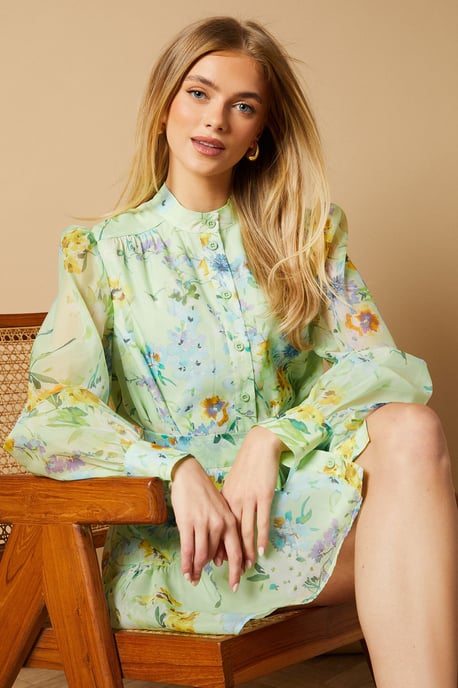 Sage Floral Organza Mini Shirt Dress - Image 4