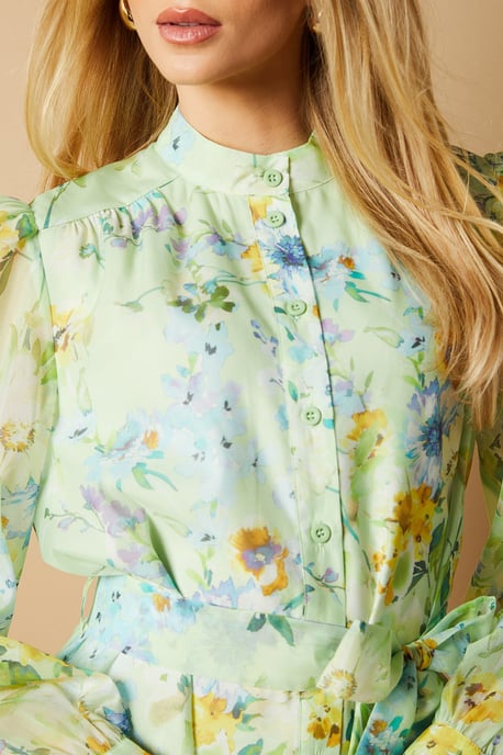 Sage Floral Organza Mini Shirt Dress - Image 5