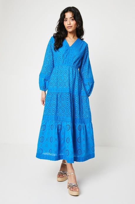 Petite Broderie Trim Detail Puff Sleeve Midi Dress - Image 1
