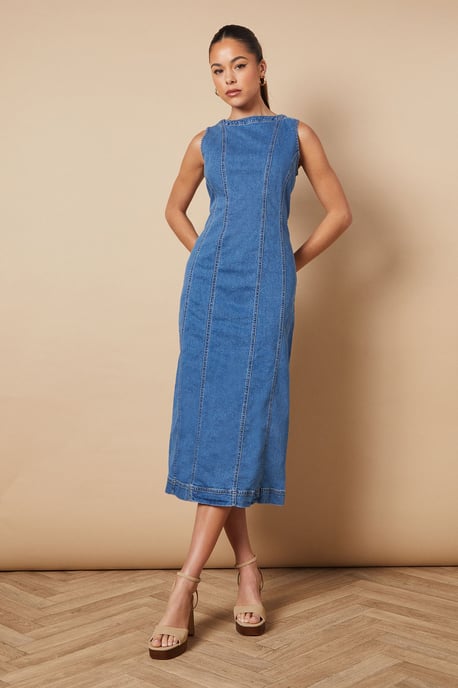 Sleeveless Denim Maxi Dress With Seam Detail - Image 1
