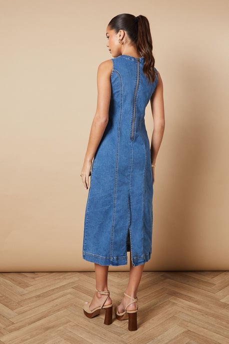 Sleeveless Denim Maxi Dress With Seam Detail - Image 3