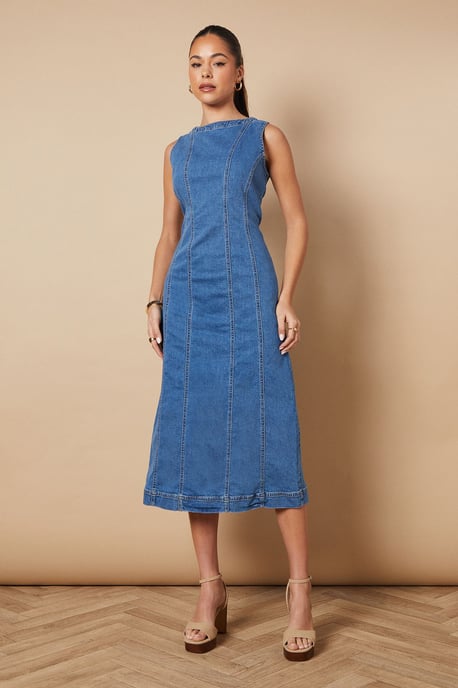 Sleeveless Denim Maxi Dress With Seam Detail - Image 4