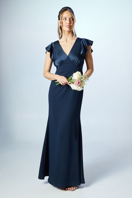 V Neck Angel Sleeve Satin Bridesmaids Dress - Image 1